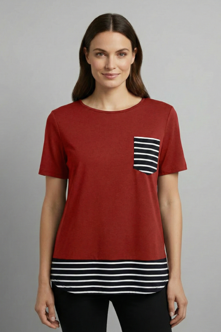 Women’s short sleeve T-shirt with round neckline, chest pocket, and striped hem detail, suitable for everyday wear and casual styling.