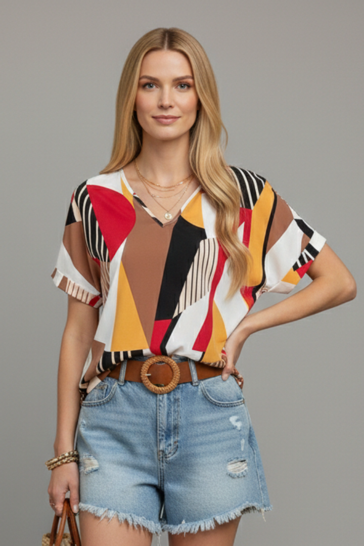 Women’s short sleeve T-shirt with V-neckline and all-over geometric pattern, suitable for casual wear and everyday styling.