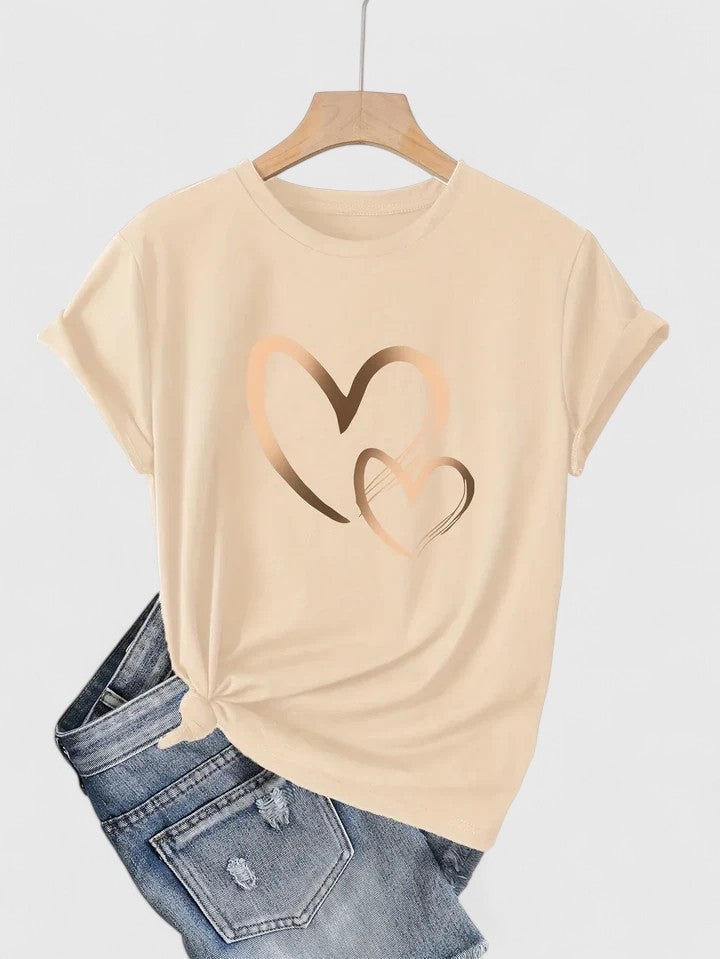 Women’s T-shirt with a twin heart graphic print, relaxed fit, and rolled sleeves, ideal for everyday wear and casual styling.