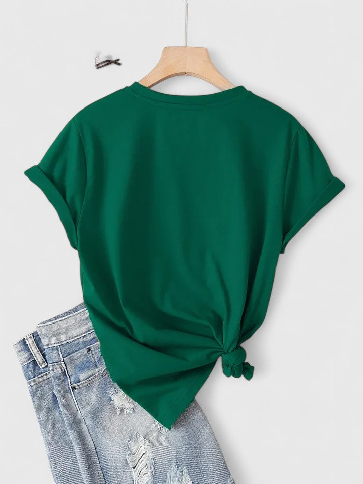 Women’s T-shirt with a twin heart graphic print, relaxed fit, and rolled sleeves, ideal for everyday wear and casual styling.
