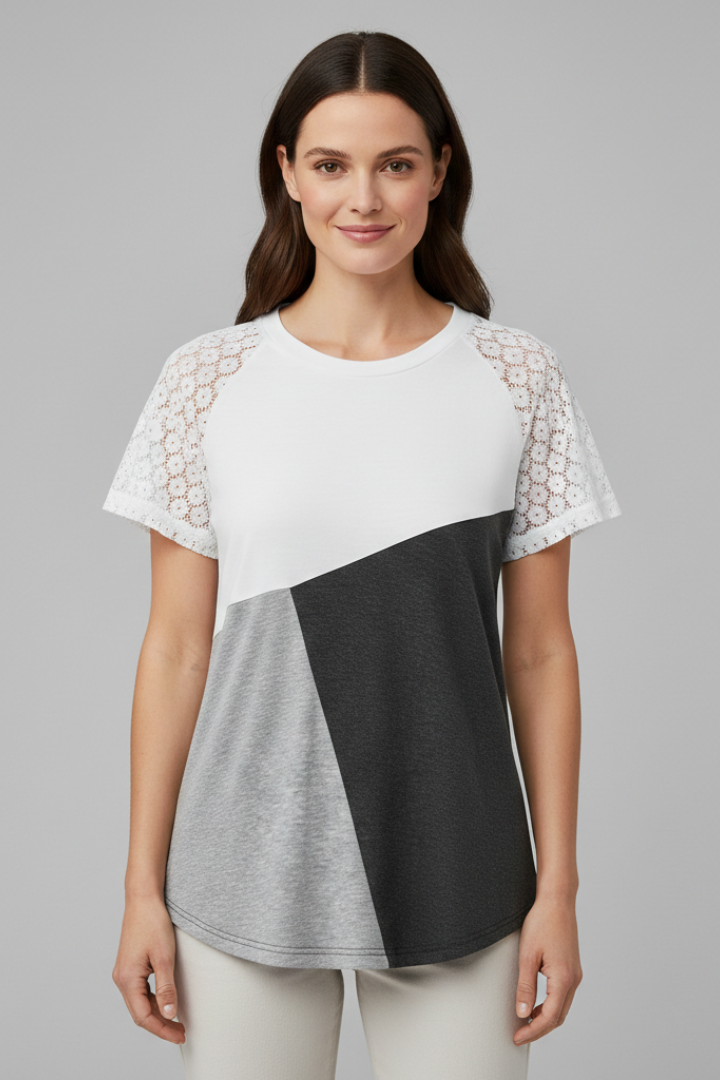 Women’s round neck T-shirt with lace sleeves and geometric color block panel, suitable for everyday wear and casual styling.