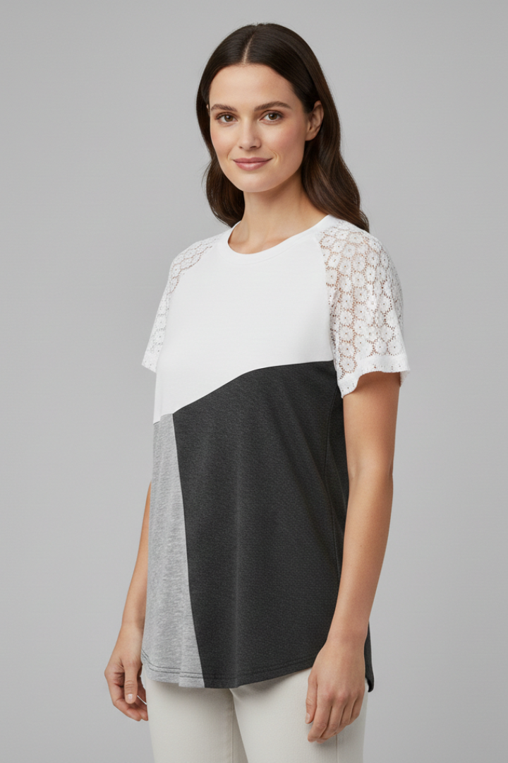 Women’s round neck T-shirt with lace sleeves and geometric color block panel, suitable for everyday wear and casual styling.