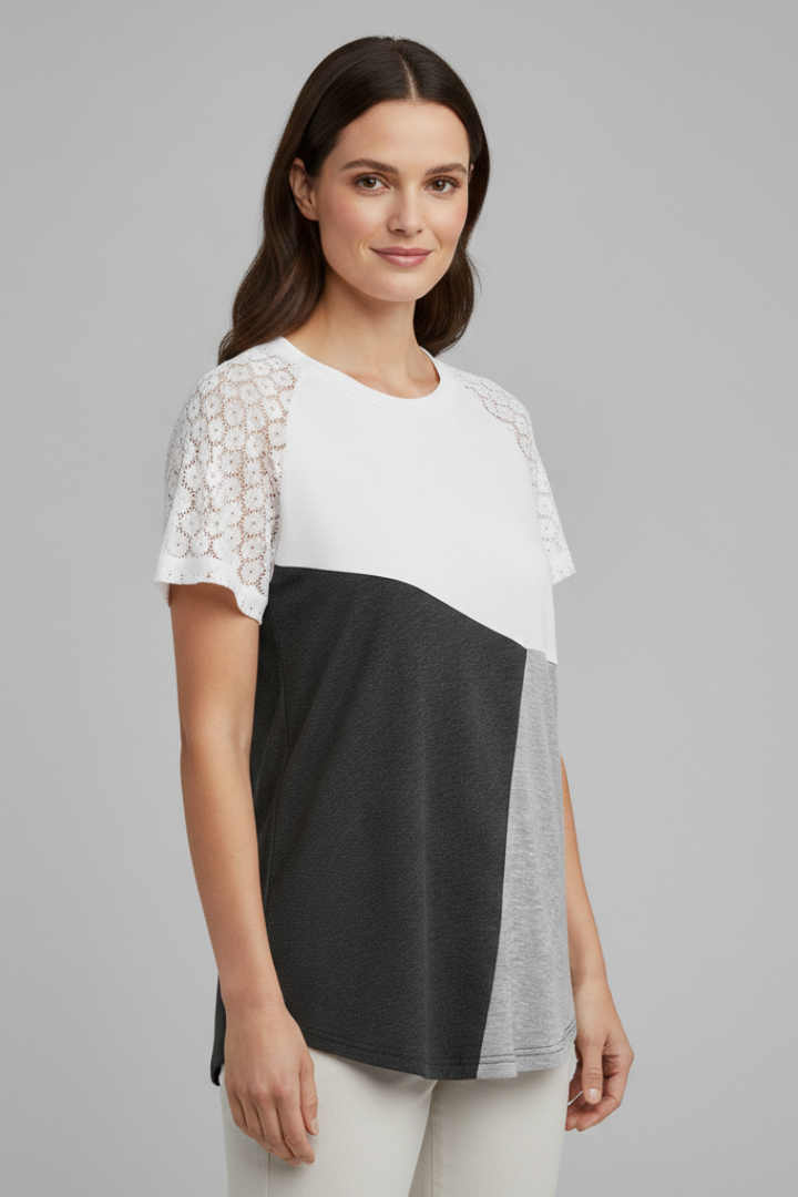 Women’s round neck T-shirt with lace sleeves and geometric color block panel, suitable for everyday wear and casual styling.