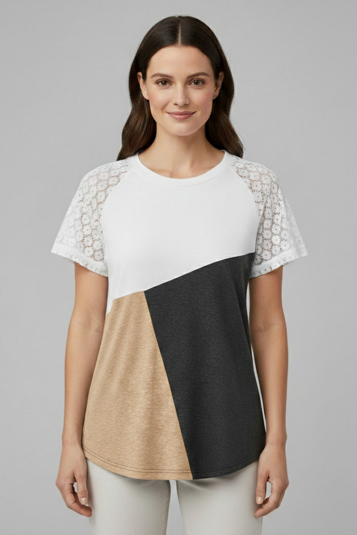 Women’s round neck T-shirt with lace sleeves and geometric color block panel, suitable for everyday wear and casual styling.