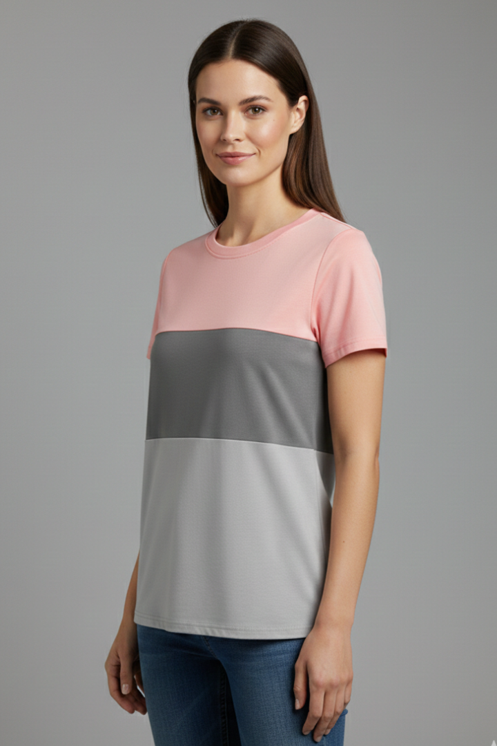 Women’s short sleeve T-shirt with round neckline and horizontal color block panels, suitable for everyday wear and casual styling.
