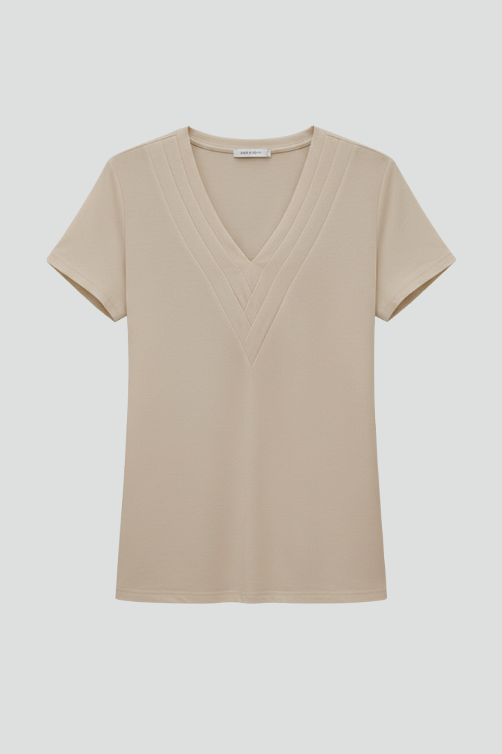 Women’s short sleeve T-shirt with V-neckline and visible stitched seam detailing, suitable for casual wear and everyday styling.