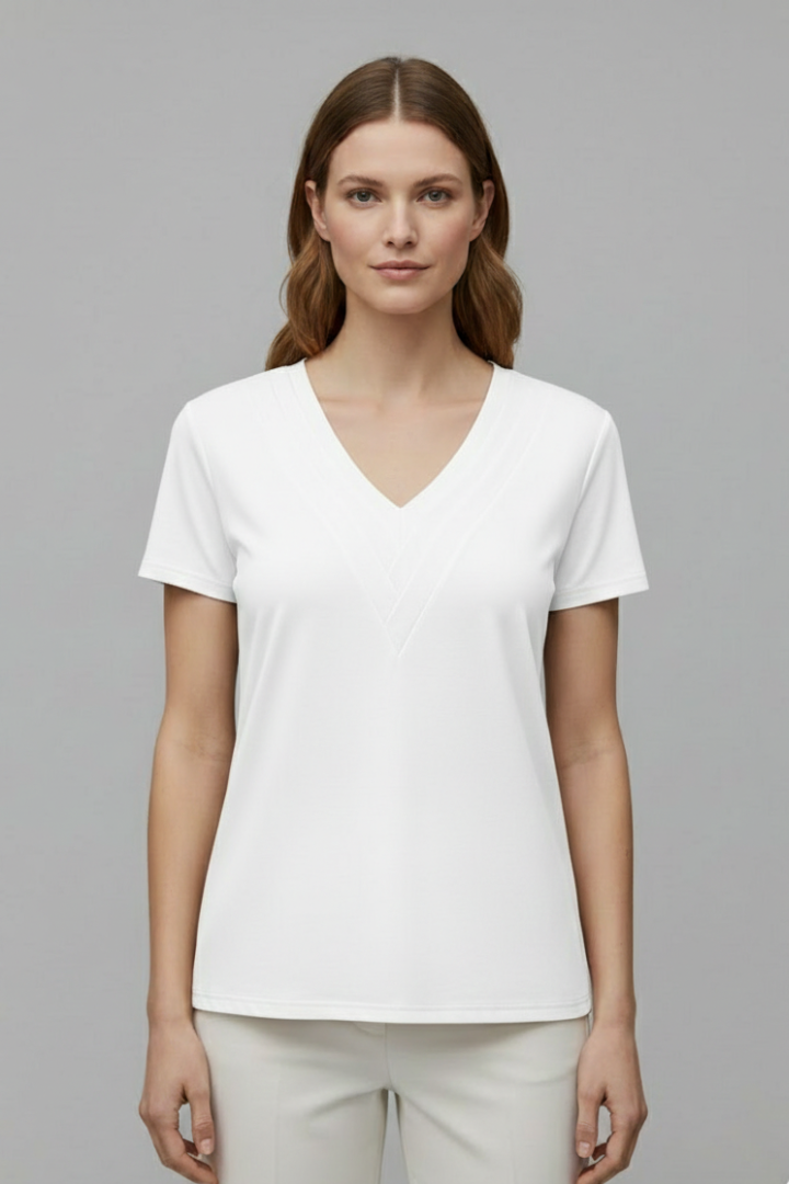 Women’s short sleeve T-shirt with V-neckline and visible stitched seam detailing, suitable for casual wear and everyday styling.