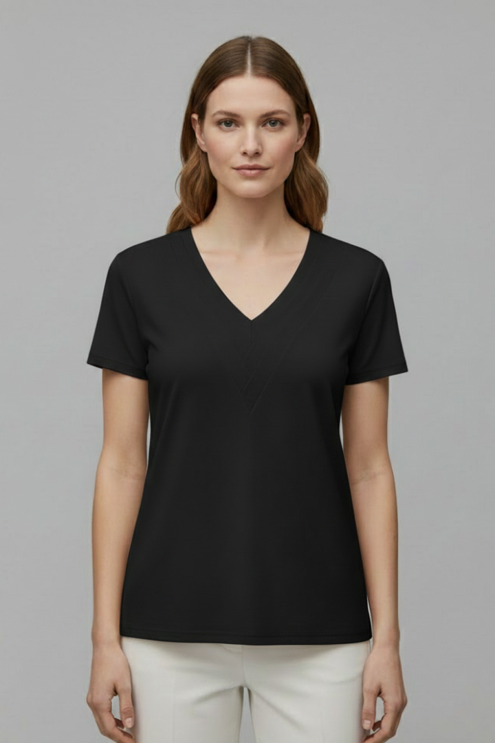 Women’s short sleeve T-shirt with V-neckline and visible stitched seam detailing, suitable for casual wear and everyday styling.