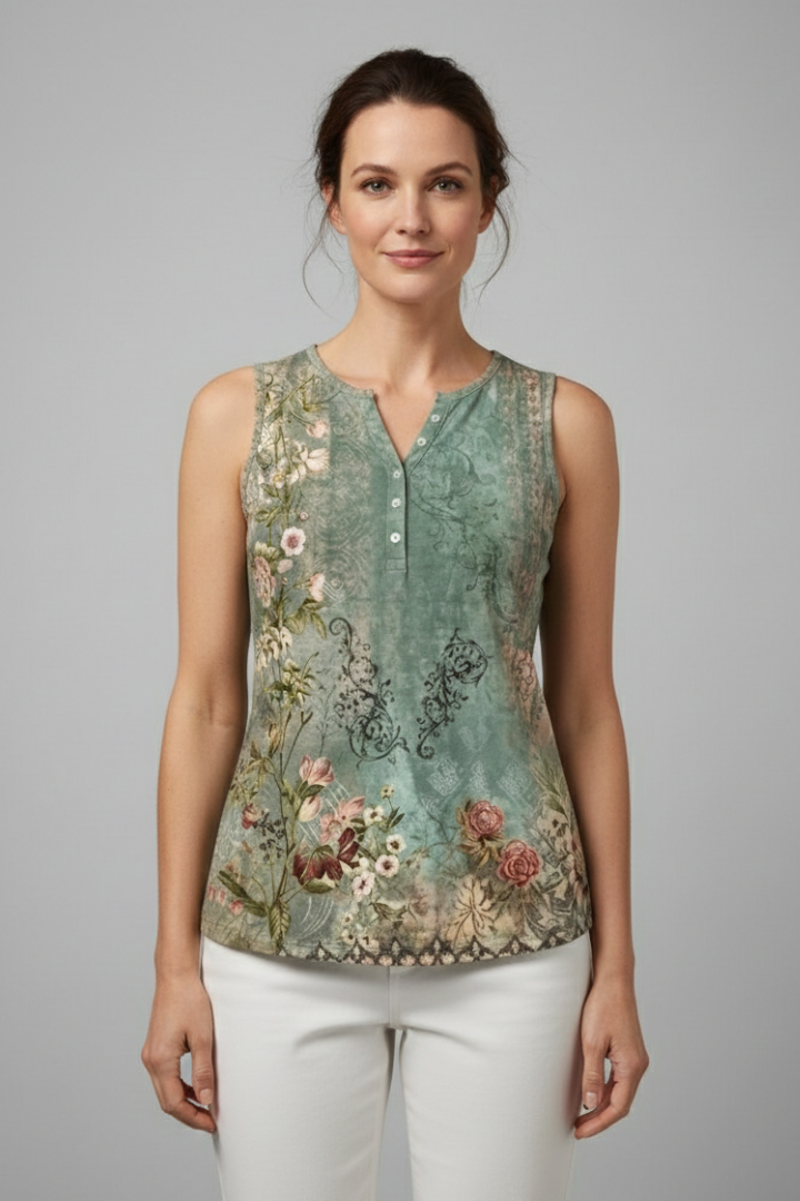 Women’s sleeveless tank top with V-neckline and floral print, featuring wide straps and a straight hem for summer wear and everyday styling.