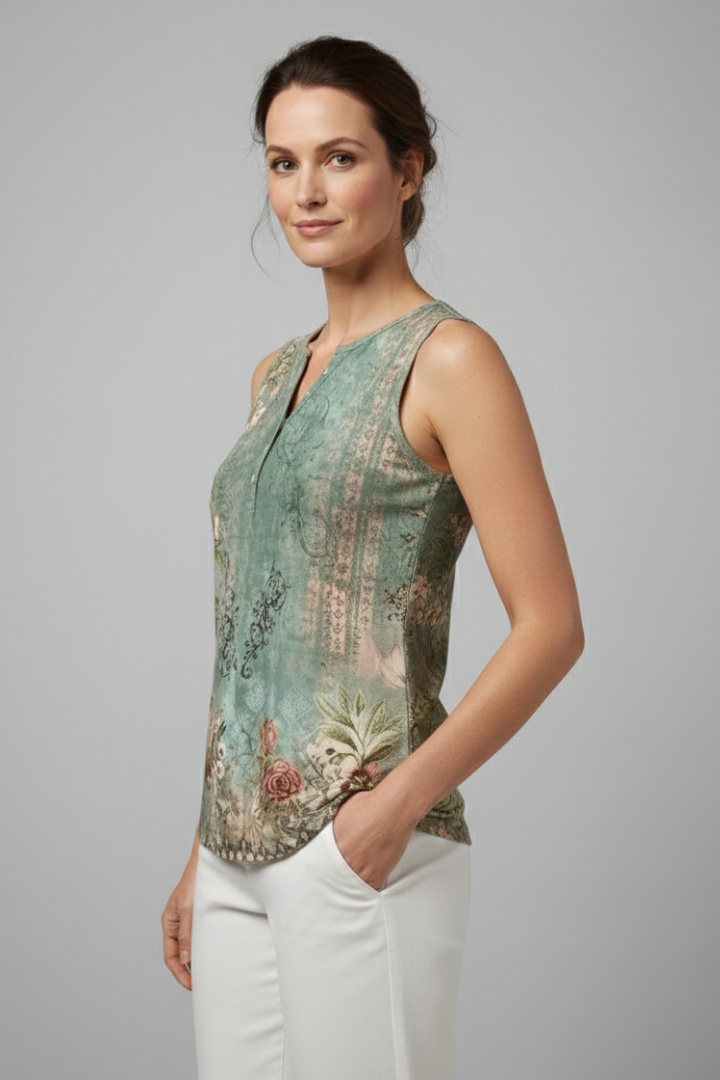 Women’s sleeveless tank top with V-neckline and floral print, featuring wide straps and a straight hem for summer wear and everyday styling.