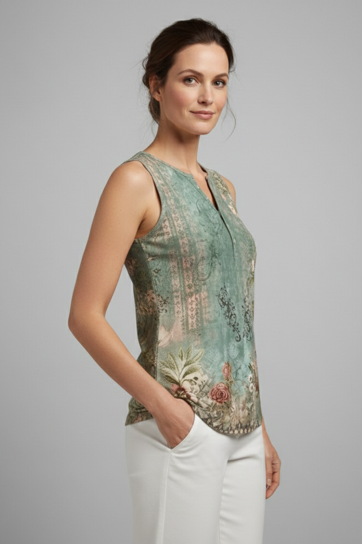 Women’s sleeveless tank top with V-neckline and floral print, featuring wide straps and a straight hem for summer wear and everyday styling.