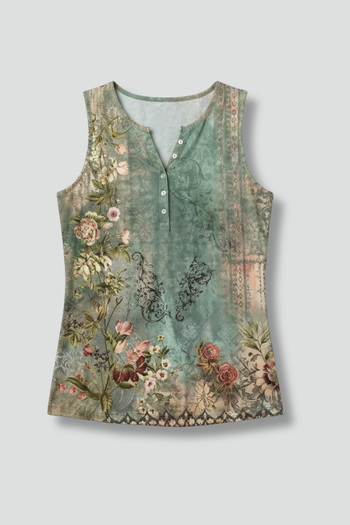 Women’s sleeveless tank top with V-neckline and floral print, featuring wide straps and a straight hem for summer wear and everyday styling.