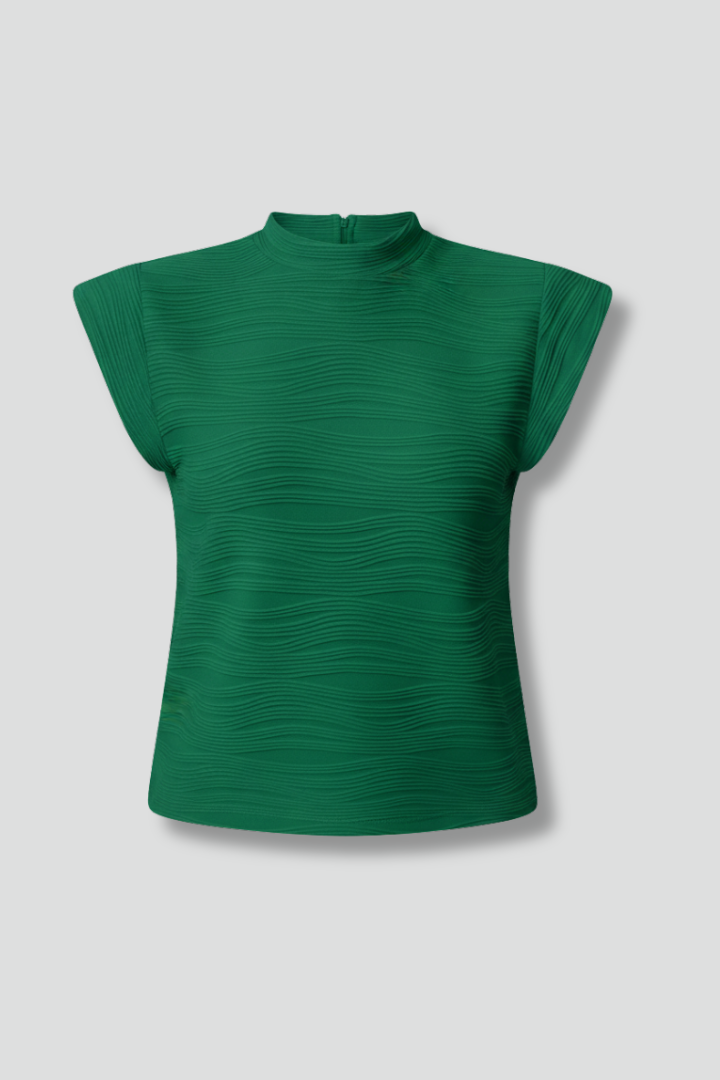 Women’s sleeveless top with stand collar, extended shoulders, and textured surface, suitable for office wear and everyday outfits.