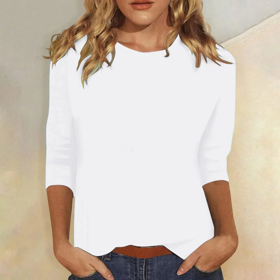 Women’s top with 3/4 sleeves, crew neckline, and regular fit, ideal for everyday wear, office outfits, and casual styling.