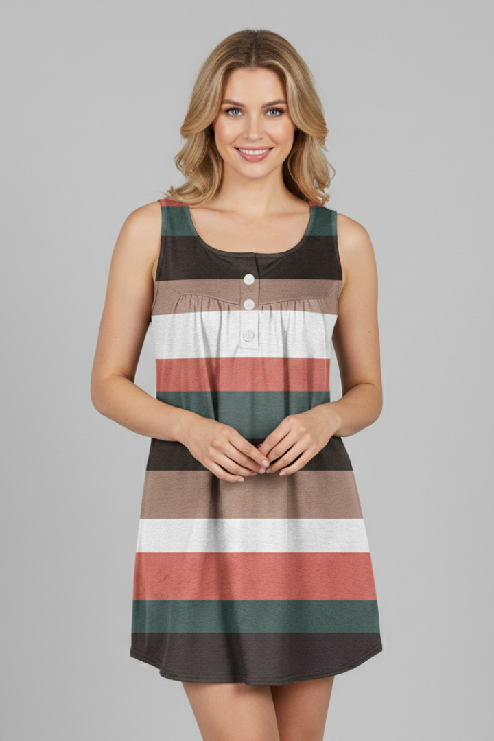 Women’s sleeveless tunic top with V-neckline, button detail, and horizontal stripe pattern, suitable for casual wear and summer outfits.