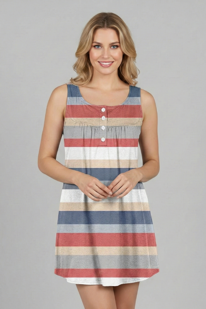 Women’s sleeveless tunic top with V-neckline, button detail, and horizontal stripe pattern, suitable for casual wear and summer outfits.