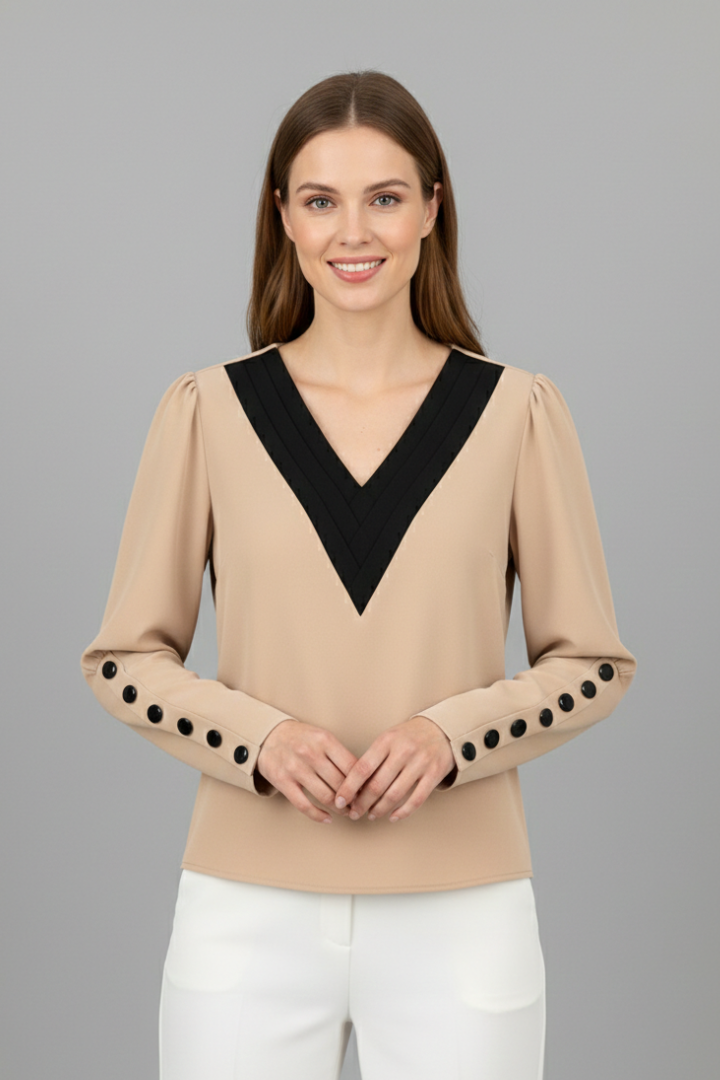 Women’s V-neck blouse with contrast trim, wrap-style front, and cuff buttons, featuring a color block design for office or everyday wear.