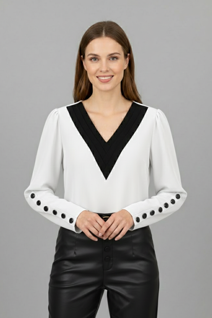Women’s V-neck blouse with contrast trim, wrap-style front, and cuff buttons, featuring a color block design for office or everyday wear.