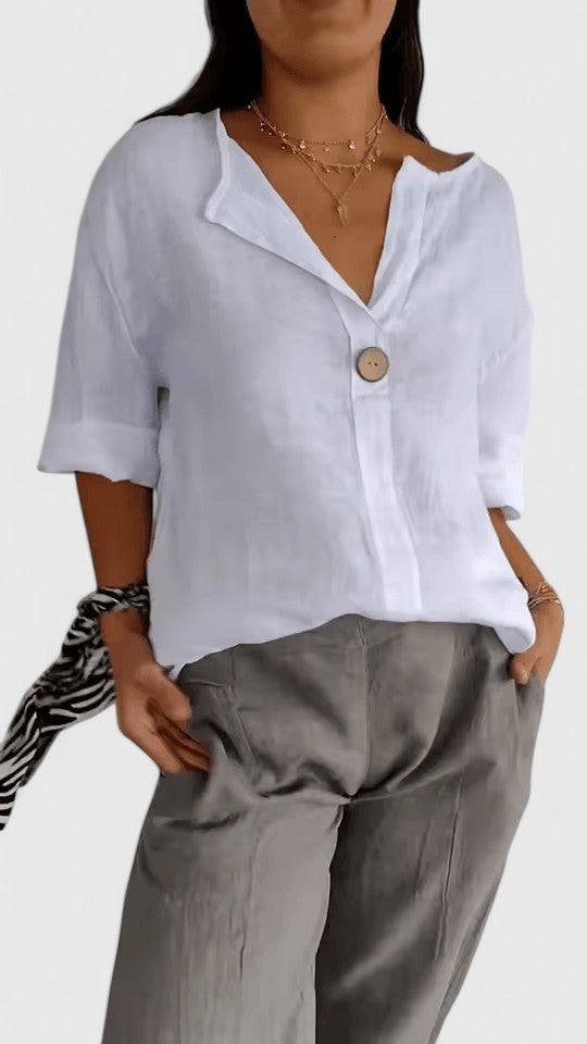 Women’s V-neck knot top with relaxed fit and breathable design, ideal for beach days, vacations, and casual everyday styling.