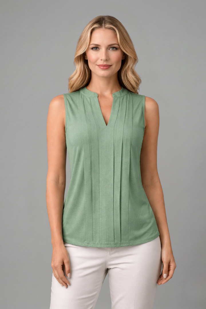 Women’s sleeveless blouse with v-neckline and vertical pleats, suitable for casual wear and office outfits