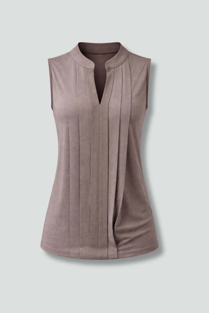 Women’s sleeveless blouse with v-neckline and vertical pleats, suitable for casual wear and office outfits