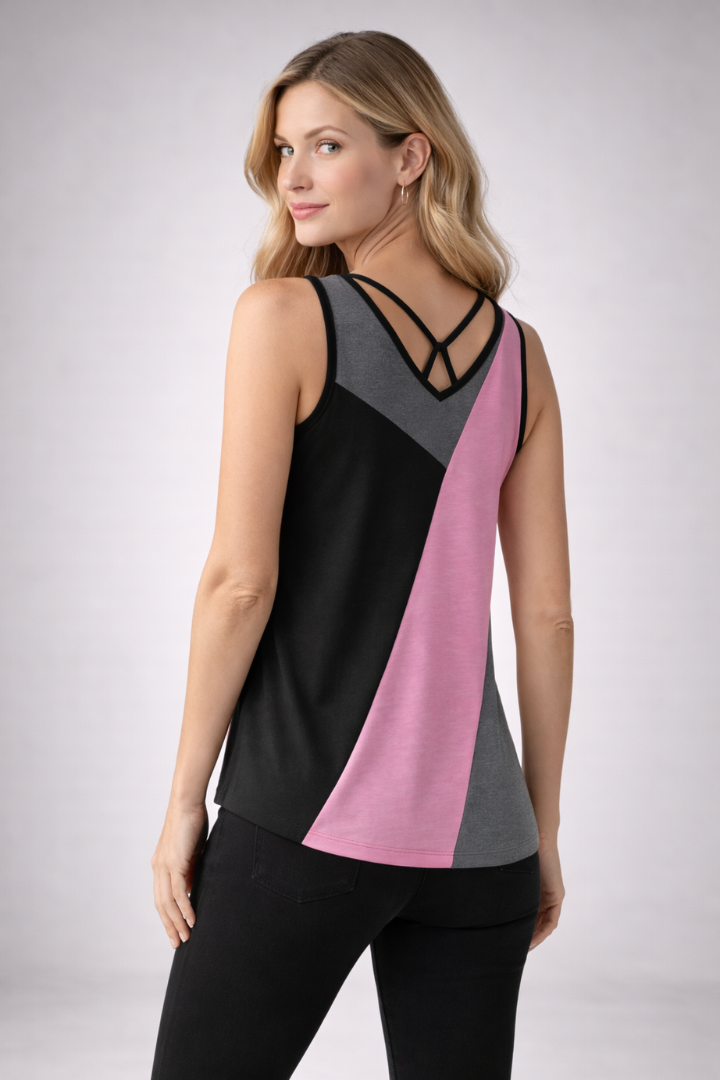 Women’s sleeveless top with v-neckline and strap detail, featuring colour block panels for casual and summer outfits