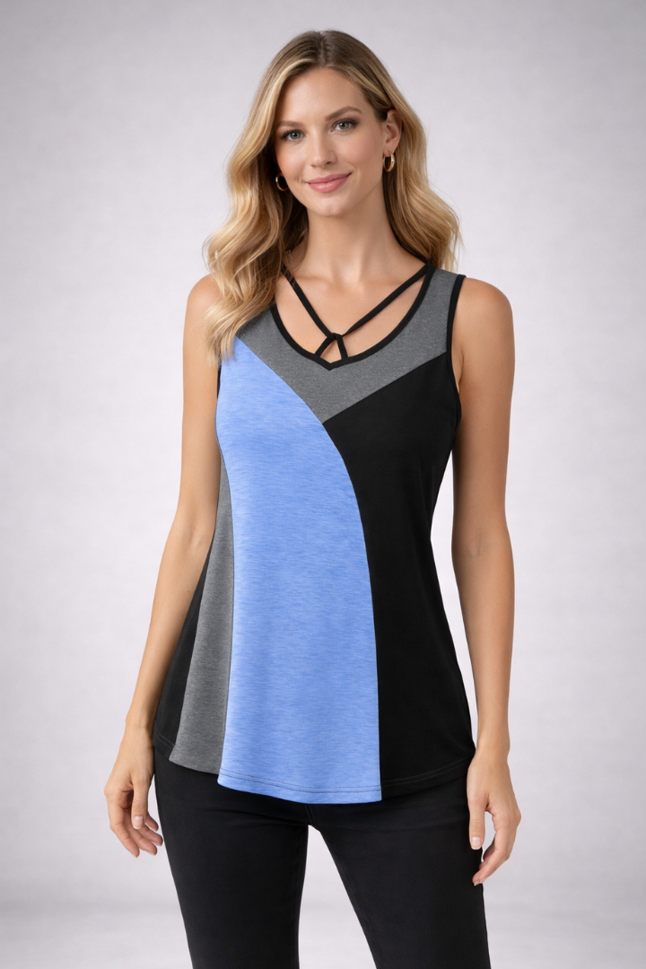 Women’s sleeveless top with v-neckline and strap detail, featuring colour block panels for casual and summer outfits