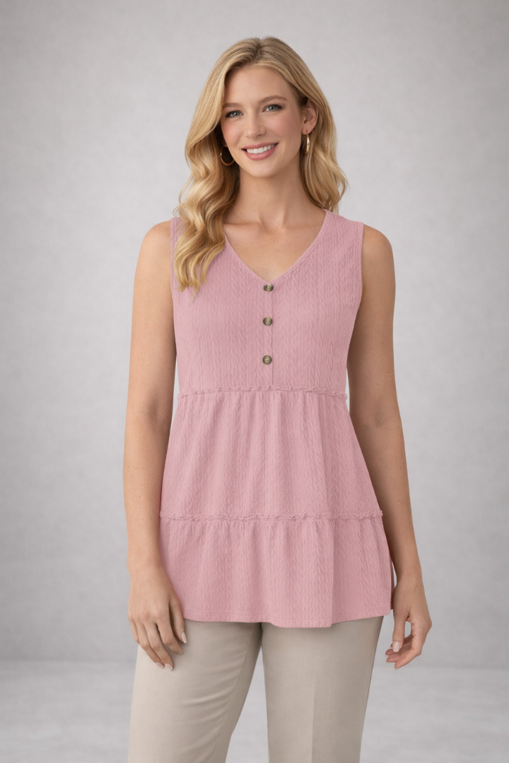 Women’s long sleeve top with v-neckline and tiered hem, featuring a textured surface for casual wear and office outfits