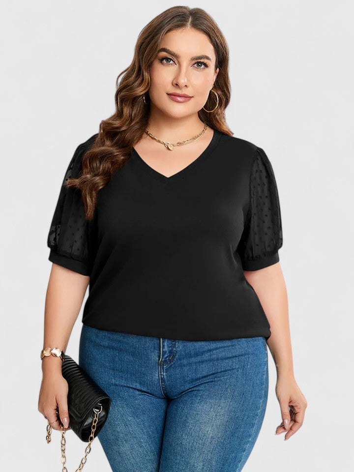 Women’s V-neck top with sheer sleeves and a flattering fit, ideal for casual wear, office outfits, and evening occasions.