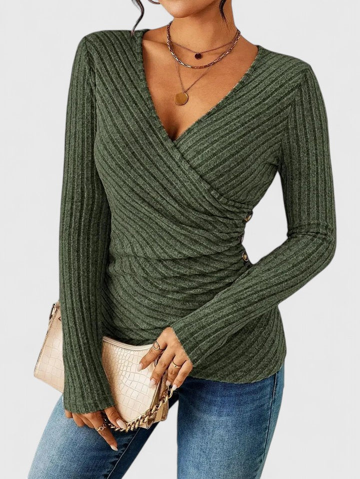 Women’s V-neck top with a tummy-tucking fit and relaxed style, ideal for casual outings, office wear, and smart-casual occasions.