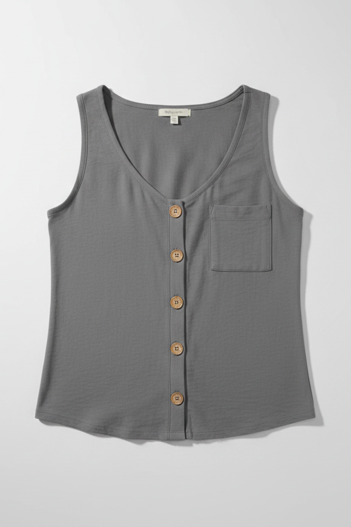 Women’s sleeveless vest top with V-neckline, button-front fastening, and rounded hem, suitable for summer wear and everyday styling.