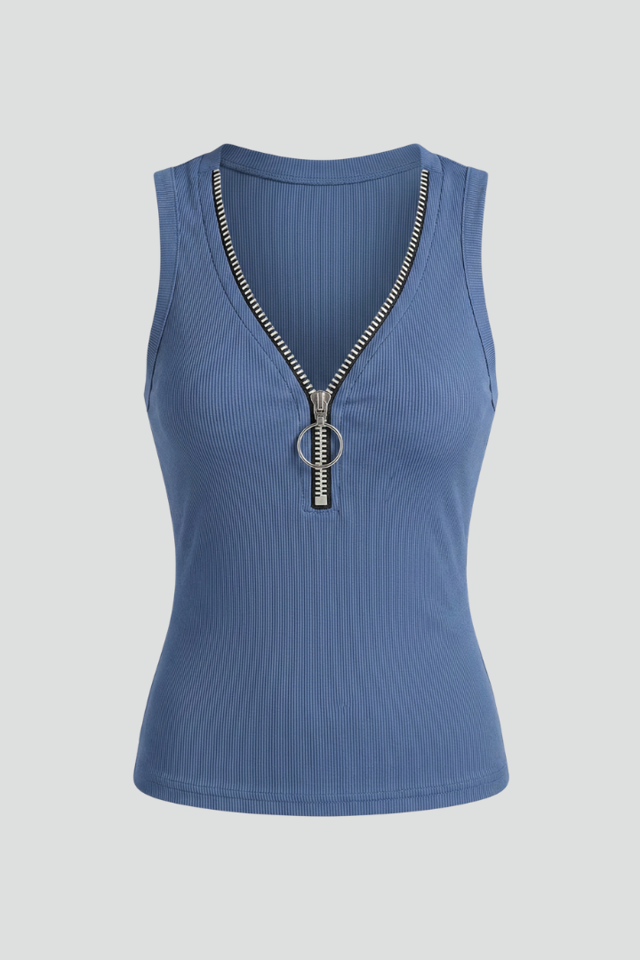Women’s sleeveless top with deep V-neckline, front zip fastening, and ribbed texture, suitable for casual and evening outfits.