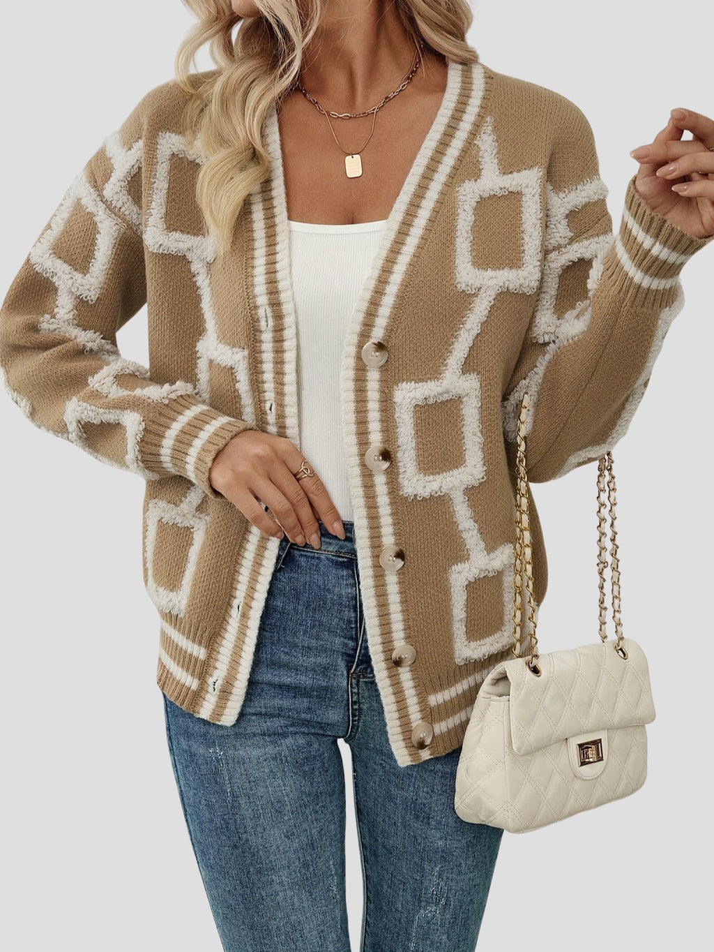 Elegant Color-Block V-Neck Cardigan