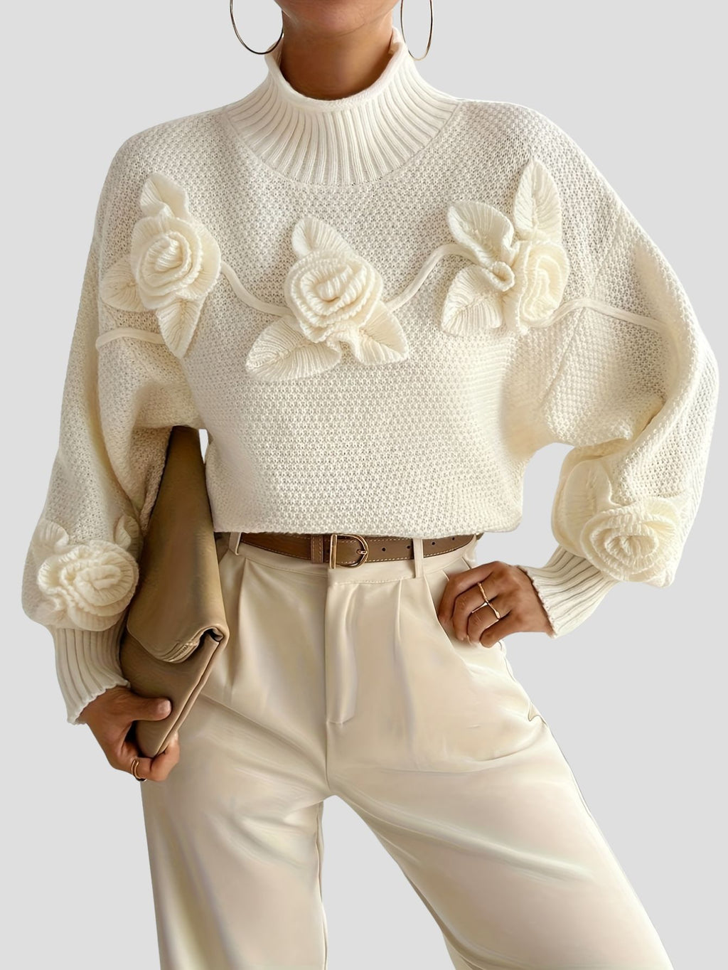 Elegant Floral Appliqué Pullover Sweater