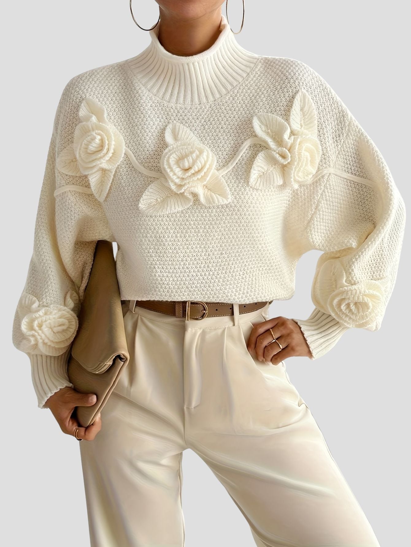 Elegant Floral Appliqué Pullover Sweater