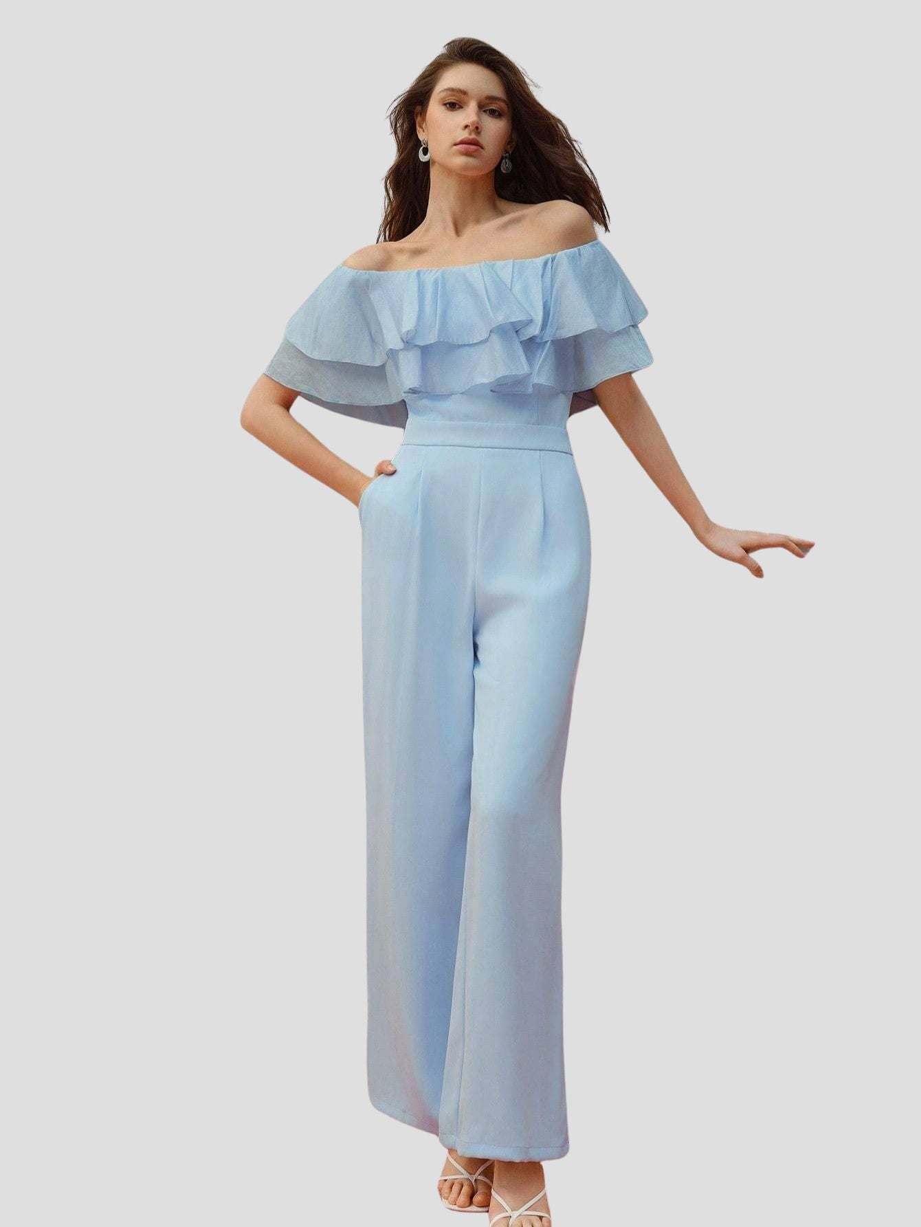 Light Blue Off the Shoulder Jumpsuit