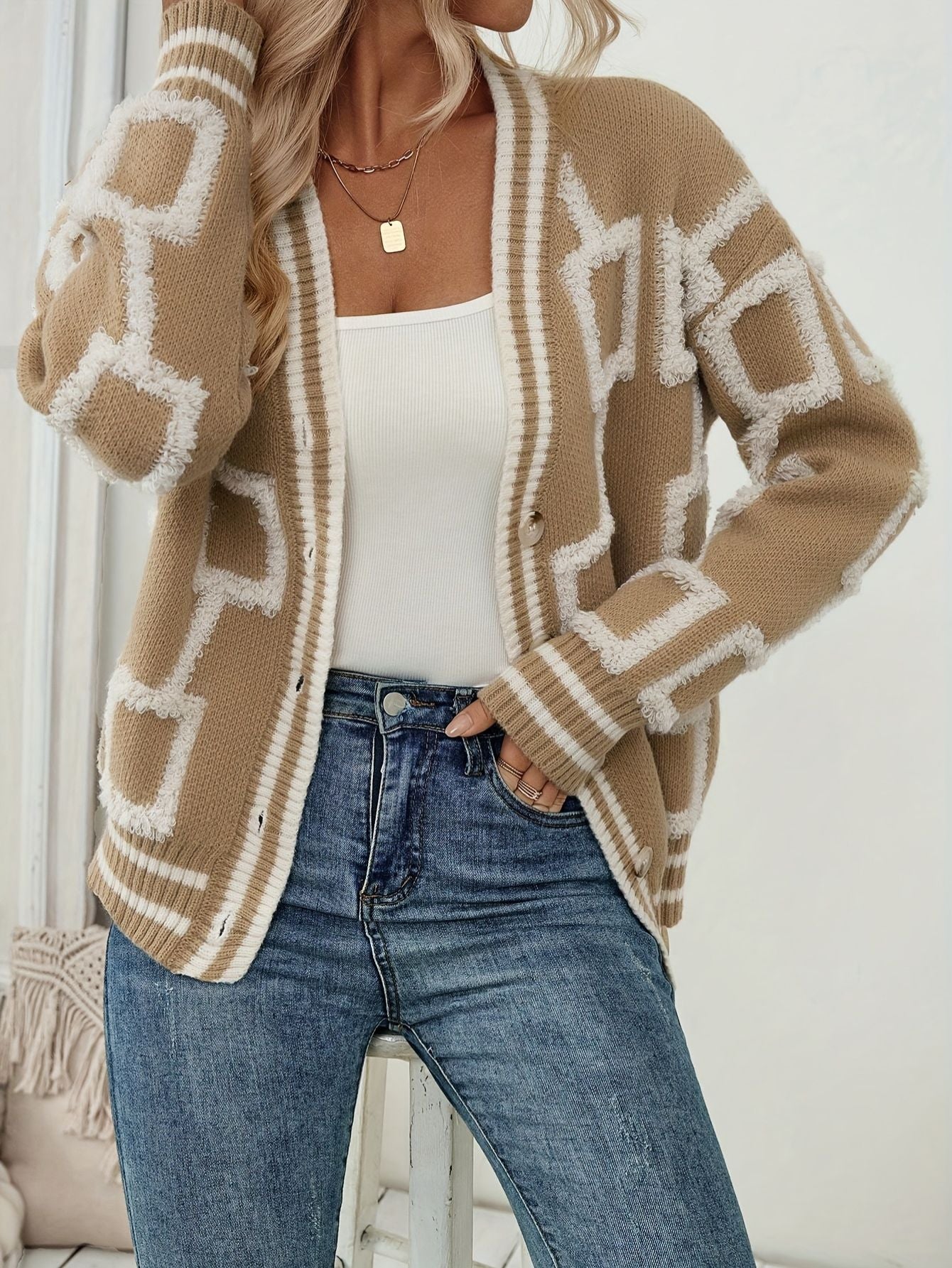 Elegant Color-Block V-Neck Cardigan