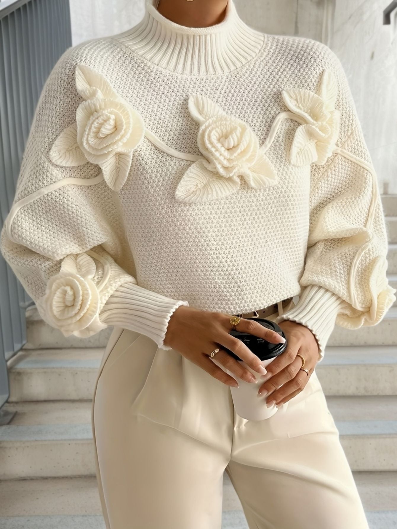Elegant Floral Appliqué Pullover Sweater
