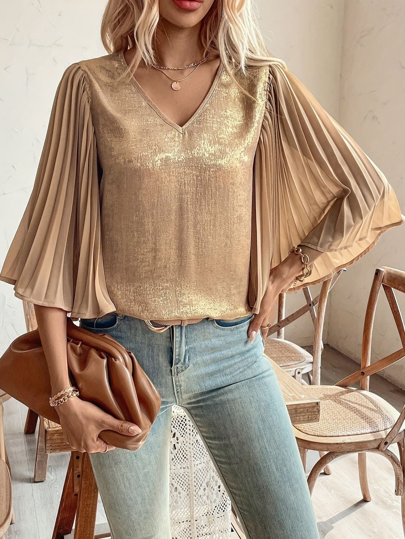 Elegant V-Neck Pleated Blouse