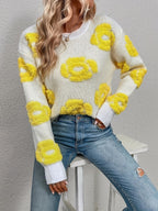 Elegant Floral Embroidered Crew Neck Sweater