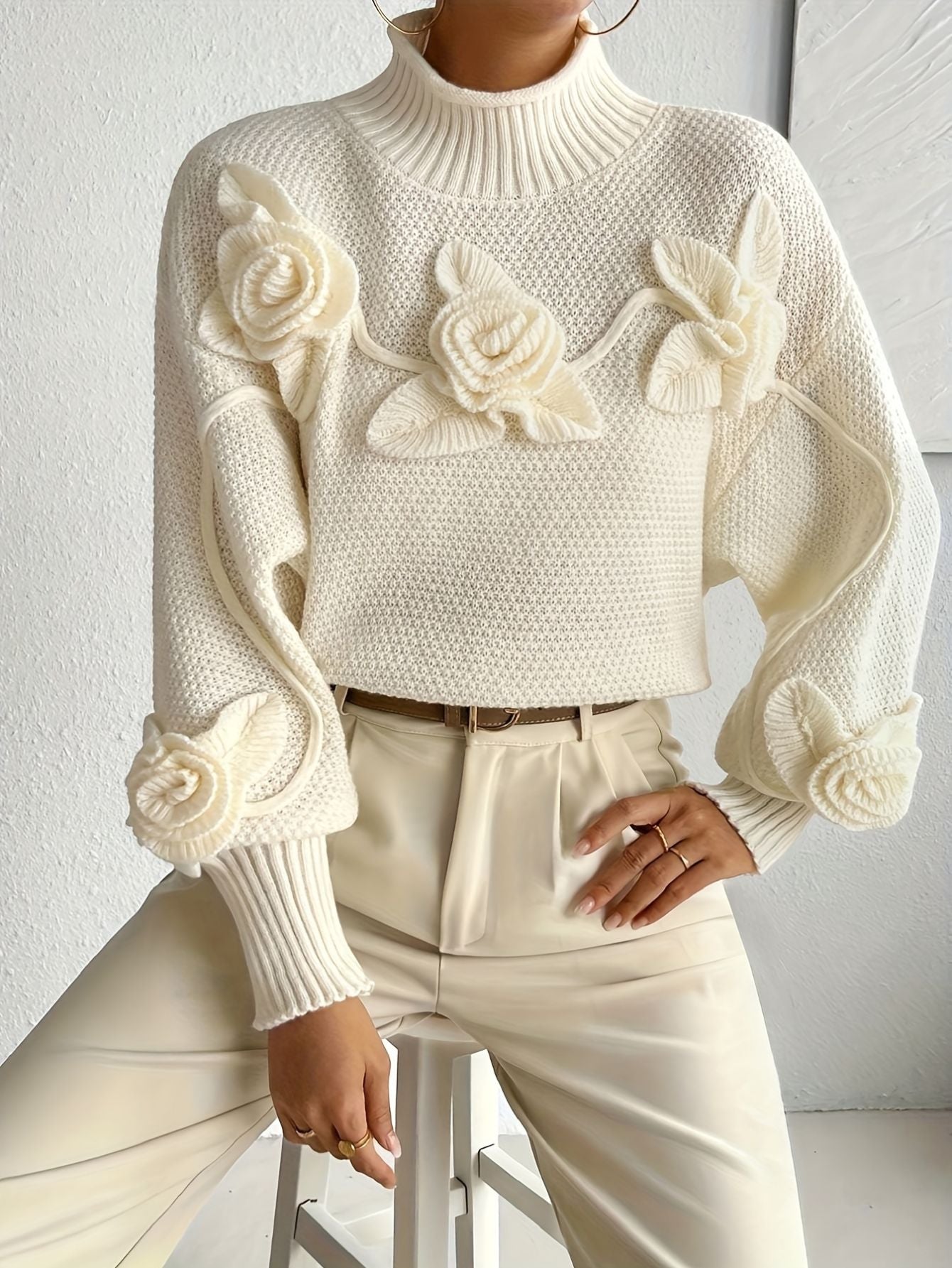 Elegant Floral Appliqué Pullover Sweater