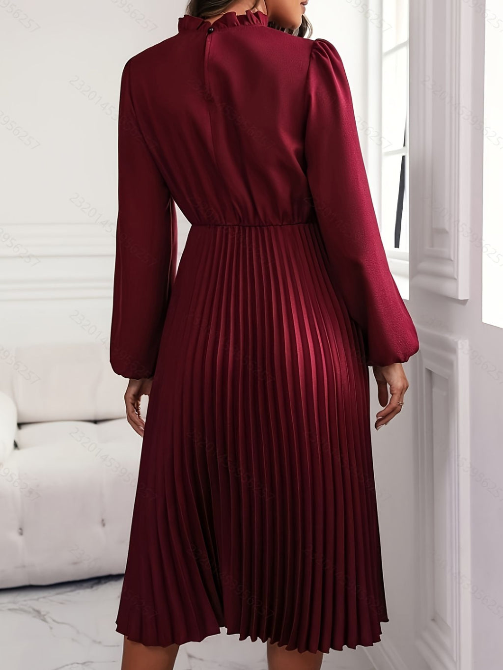 Elegant Burgundy Ruffled Sleeve Dress