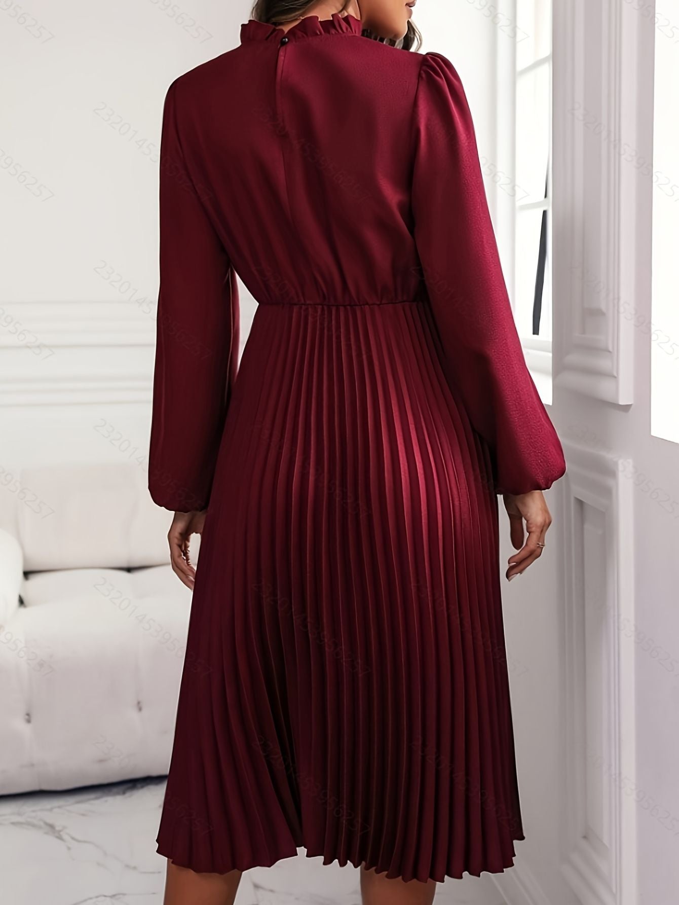 Elegant Burgundy Ruffled Sleeve Dress