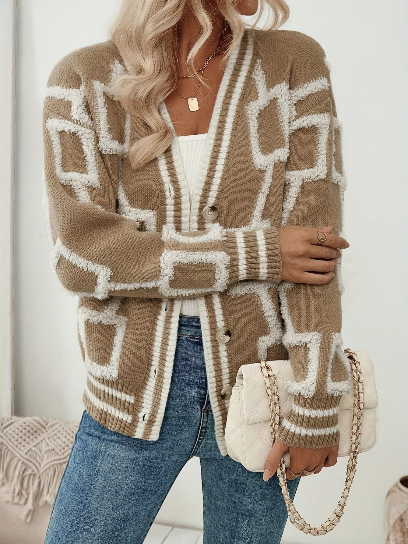 Elegant Color-Block V-Neck Cardigan