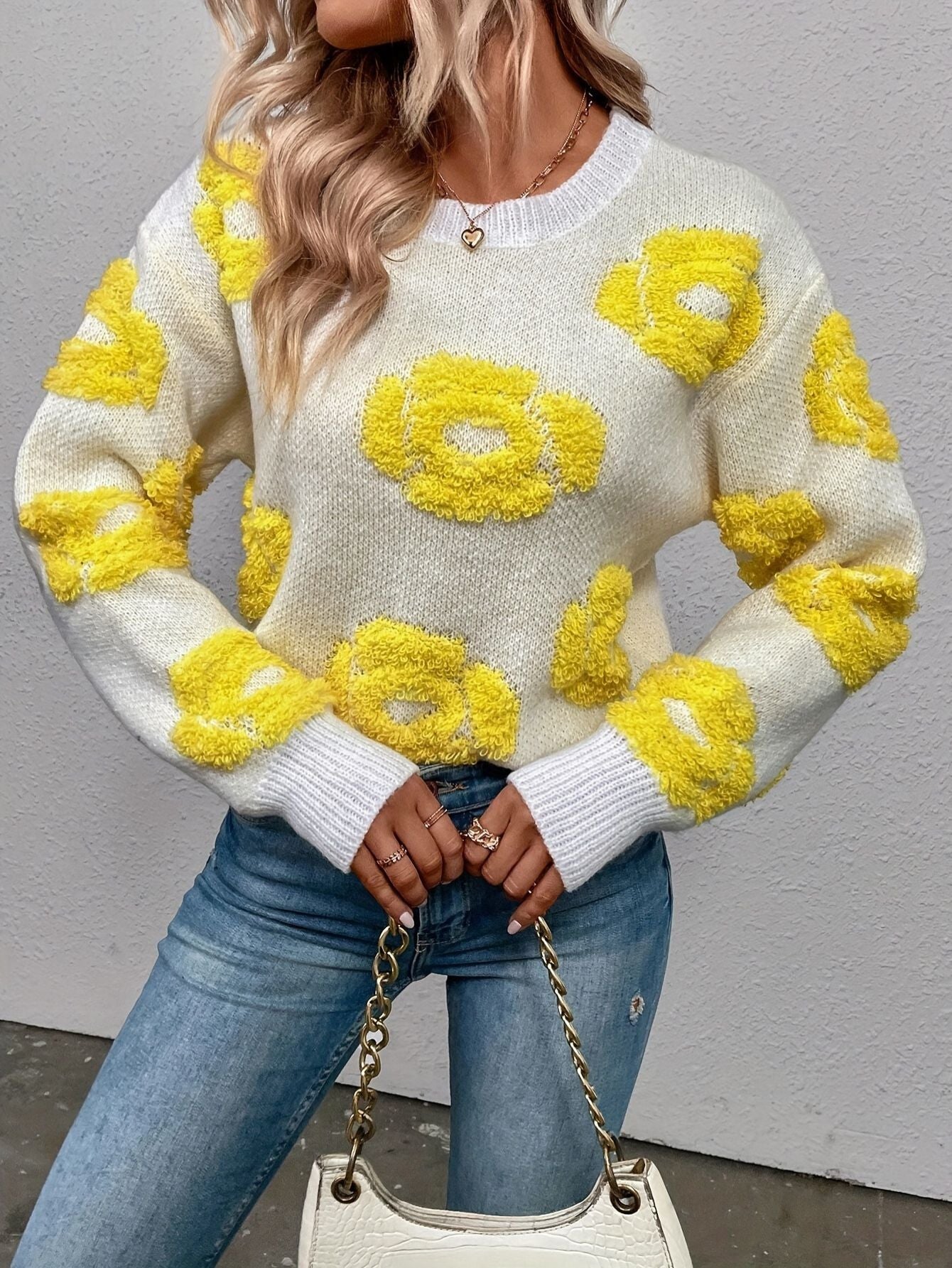 Elegant Floral Embroidered Crew Neck Sweater