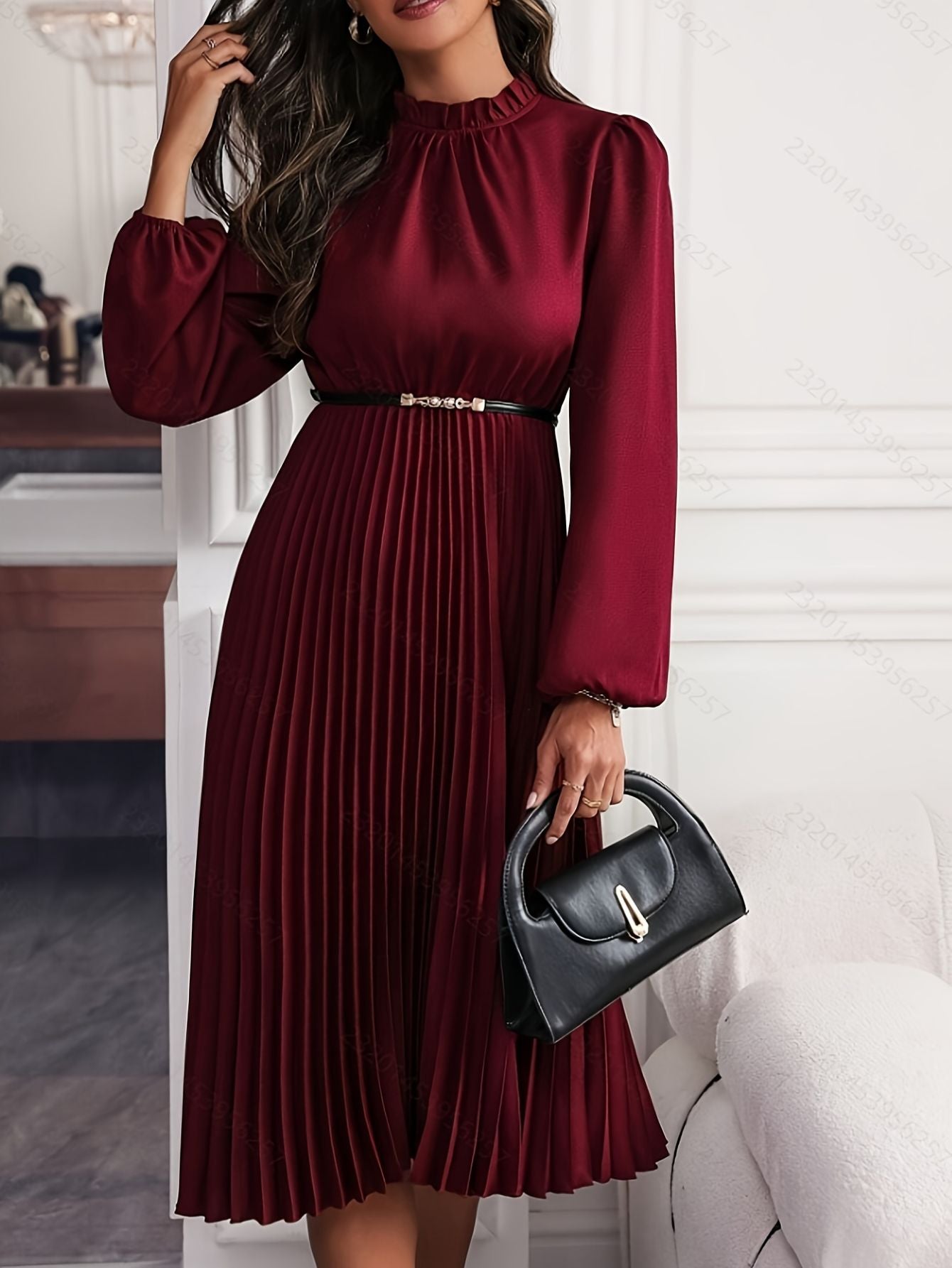 Elegant Burgundy Ruffled Sleeve Dress