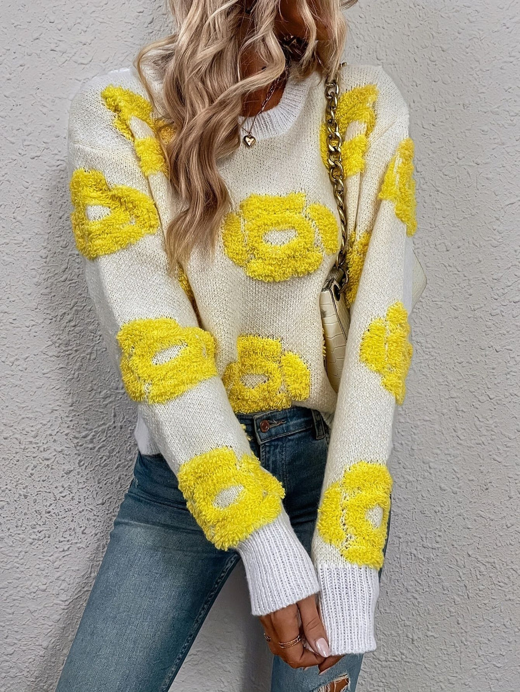 Elegant Floral Embroidered Crew Neck Sweater