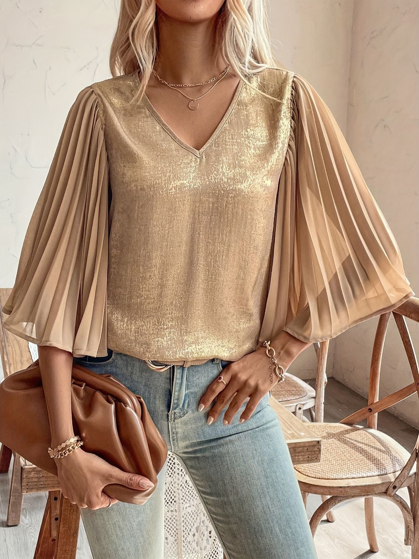 Elegant V-Neck Pleated Blouse