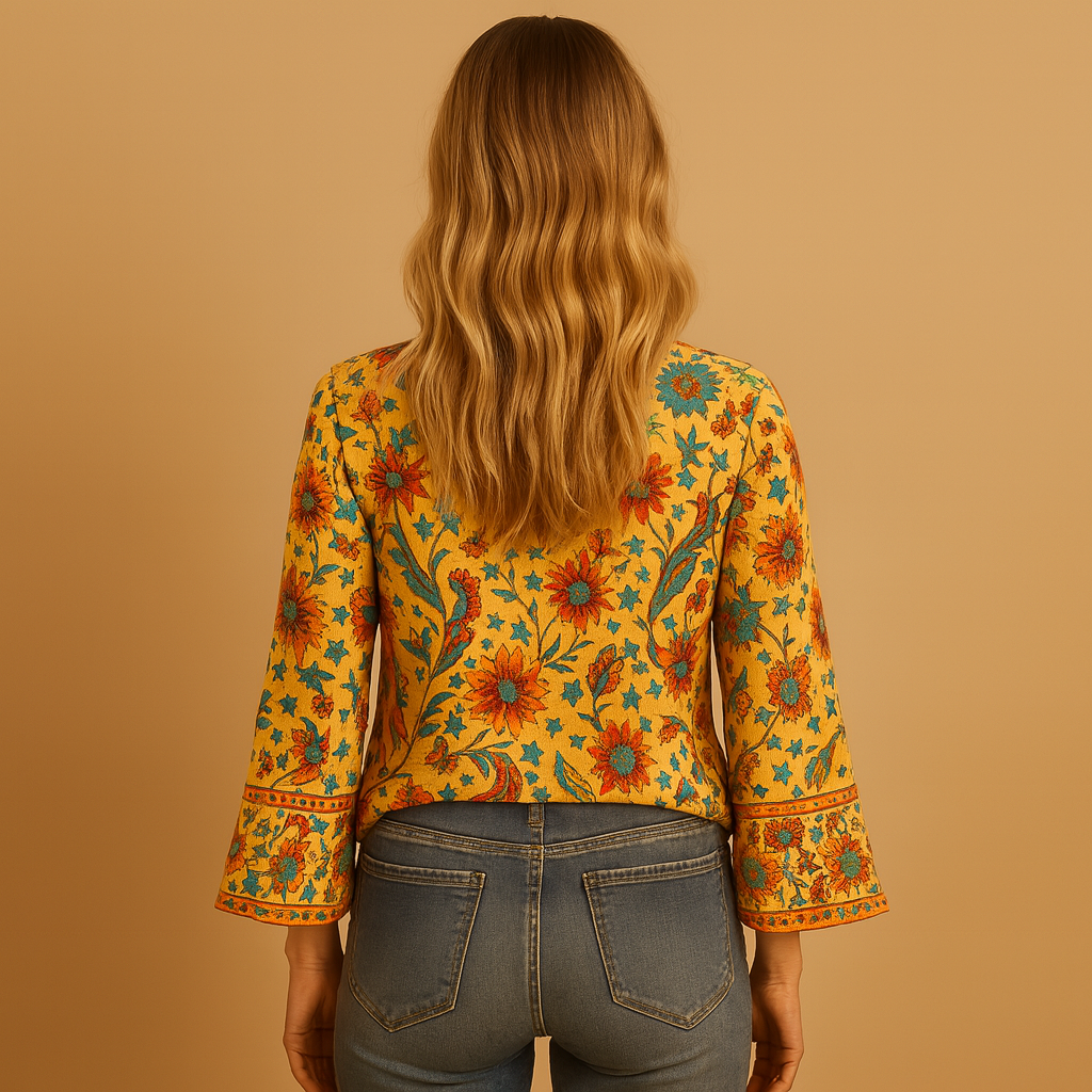 Women’s orange boho floral blouse with flared sleeves and high neckline, ideal for spring, summer, casual and festive outfits.