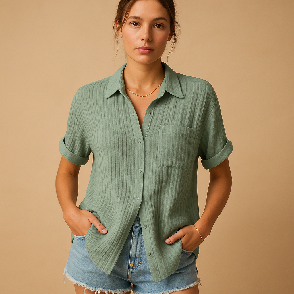 Women’s casual short sleeve polo shirt with a classic collar and chest pocket, ideal for summer days and relaxed everyday outfits.